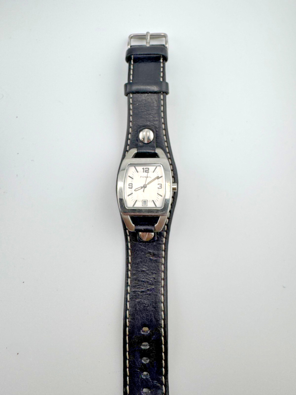 Fossil Cuff Style Watch Tonneau Case Black Leather Wide Band Date Window
